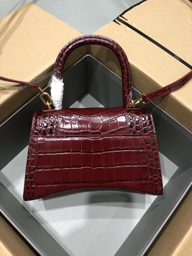 Balenciaga專櫃爆款大號手提女包 巴黎世家升級版鱷魚酒紅色金扣Hourglass沙漏包 fyj1648